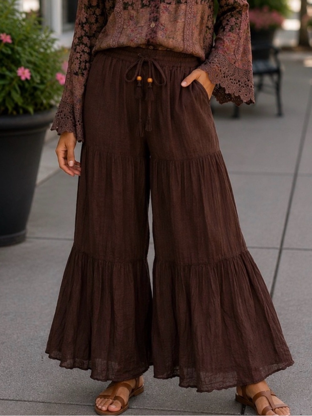 Young Threads Brown Tiered Wide-Leg Pants